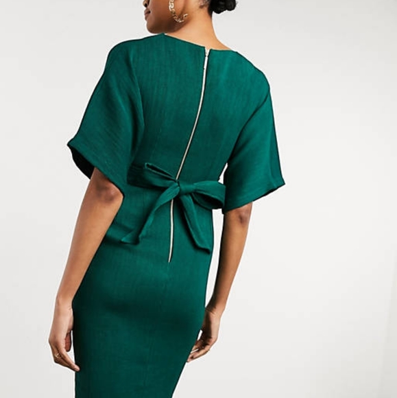 Closet London Ribbed Pencil Dress with Tie Belt in Emerald Green - Picture 5 of 6